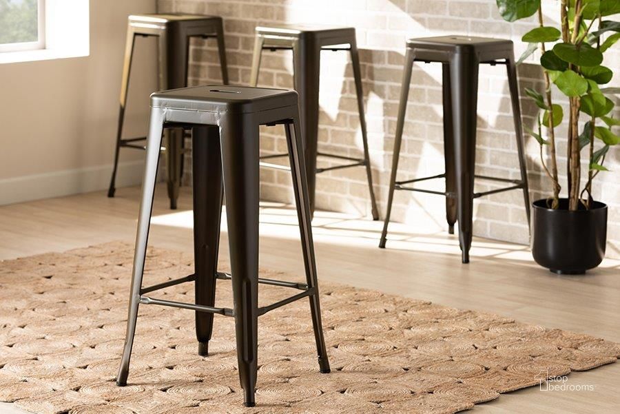 The appearance of Baxton Studio Horton Modern and Contemporary Industrial Gunmetal Finished Metal 4-Piece Stackable Bar Stool Set designed by Baxton Studio in the industrial interior design. This gun metal piece of furniture  was selected by 1StopBedrooms from Horton Collection to add a touch of cosiness and style into your home. Sku: AY-MC07-Gun Metal-BS. Material: Metal. Product Type: Barstool. Image1