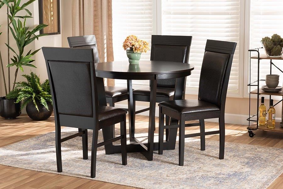 The appearance of Baxton Studio Irma Modern and Contemporary Dark Brown Faux Leather Upholstered and Dark Brown Finished Wood 5-Piece Dining Set designed by Baxton Studio in the modern / contemporary interior design. This dark brown and espresso brown piece of furniture  was selected by 1StopBedrooms from Irma Collection to add a touch of cosiness and style into your home. Sku: Irma-Dark Brown-5PC Dining Set. Product Type: Dining Room Set. Material: Rubberwood. Image1
