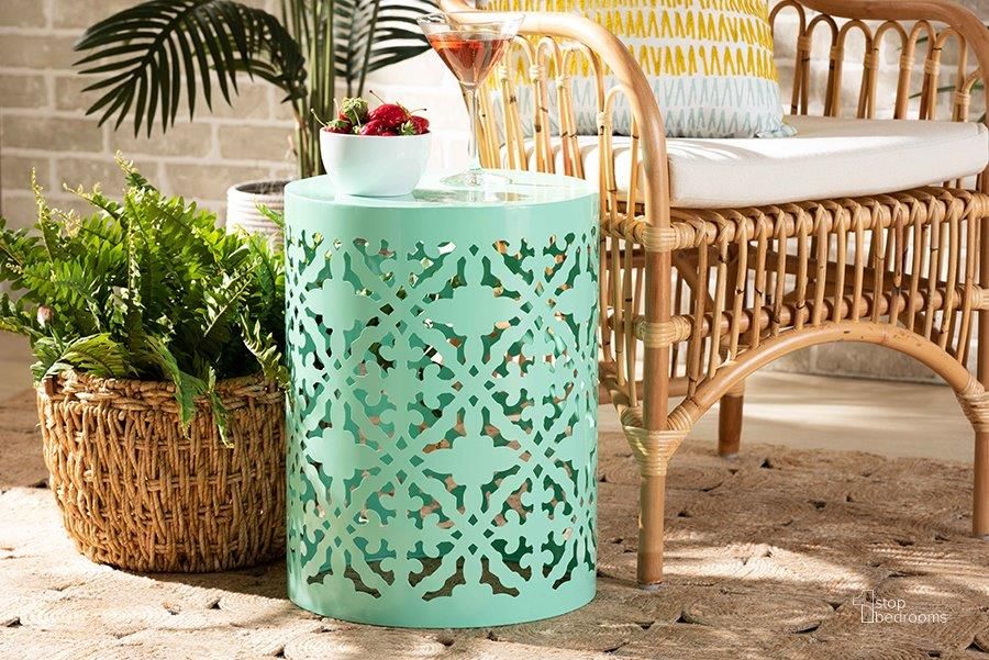 The appearance of Baxton Studio Jamila Modern and Contemporary Aqua Finished metal Outdoor Side Table designed by Baxton Studio in the modern / contemporary interior design. This aqua piece of furniture  was selected by 1StopBedrooms from Jamila Collection to add a touch of cosiness and style into your home. Sku: H01-104258 Aqua Metal Side Table. Material: Metal. Product Type: Side Table. Image1