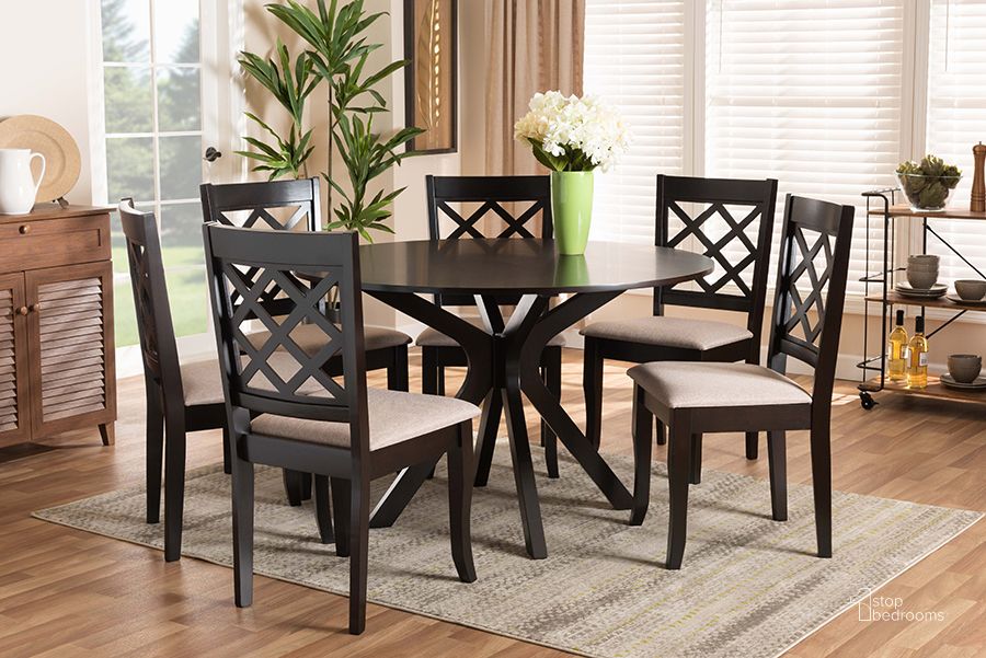 The appearance of Baxton Studio Jana Modern and Contemporary Sand Fabric Upholstered and Dark Brown Finished Wood 7-Piece Dining Set designed by Baxton Studio in the modern / contemporary interior design. This sand and dark brown piece of furniture  was selected by 1StopBedrooms from Jana Collection to add a touch of cosiness and style into your home. Sku: Jana-Sand/Dark Brown-7PC Dining Set. Material: Wood. Product Type: Dining Room Set. Image1