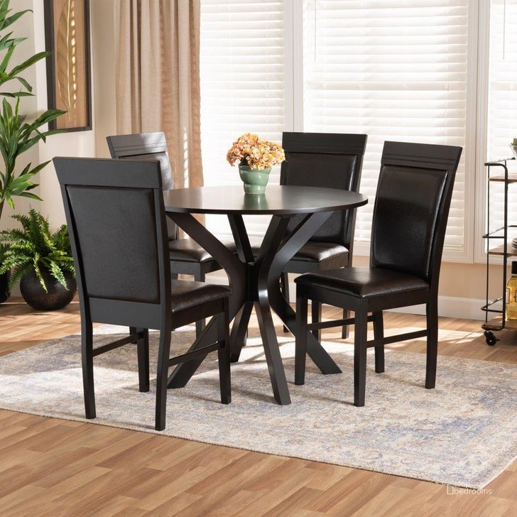 The appearance of Baxton Studio Jeane Modern and Contemporary Dark Brown Faux Leather Upholstered and Dark Brown Finished Wood 5-Piece Dining Set designed by Baxton Studio in the modern / contemporary interior design. This dark brown and espresso brown piece of furniture  was selected by 1StopBedrooms from Jeane Collection to add a touch of cosiness and style into your home. Sku: Jeane-Dark Brown-5PC Dining Set. Product Type: Dining Room Set. Material: Rubberwood. Image1