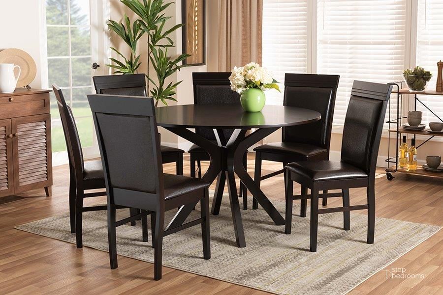 The appearance of Baxton Studio Jeane Modern and Contemporary Dark Brown Faux Leather Upholstered and Dark Brown Finished Wood 7-Piece Dining Set designed by Baxton Studio in the modern / contemporary interior design. This dark brown and espresso brown piece of furniture  was selected by 1StopBedrooms from Jeane Collection to add a touch of cosiness and style into your home. Sku: Jeane-Dark Brown-7PC Dining Set. Product Type: Dining Room Set. Material: Rubberwood. Image1