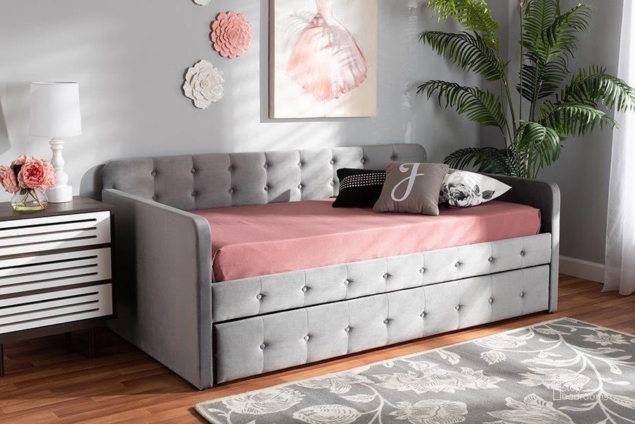 The appearance of Baxton Studio Jona Modern and Contemporary Transitional Grey Velvet Fabric Upholstered and Button Tufted Twin Size Daybed with Trundle designed by Baxton Studio in the transitional interior design. This grey piece of furniture  was selected by 1StopBedrooms from Jona Collection to add a touch of cosiness and style into your home. Sku: CF9183-Grey-Daybed-T/T. Bed Type: Daybed. Product Type: DayBed. Bed Size: Twin. Material: MDF. Image1
