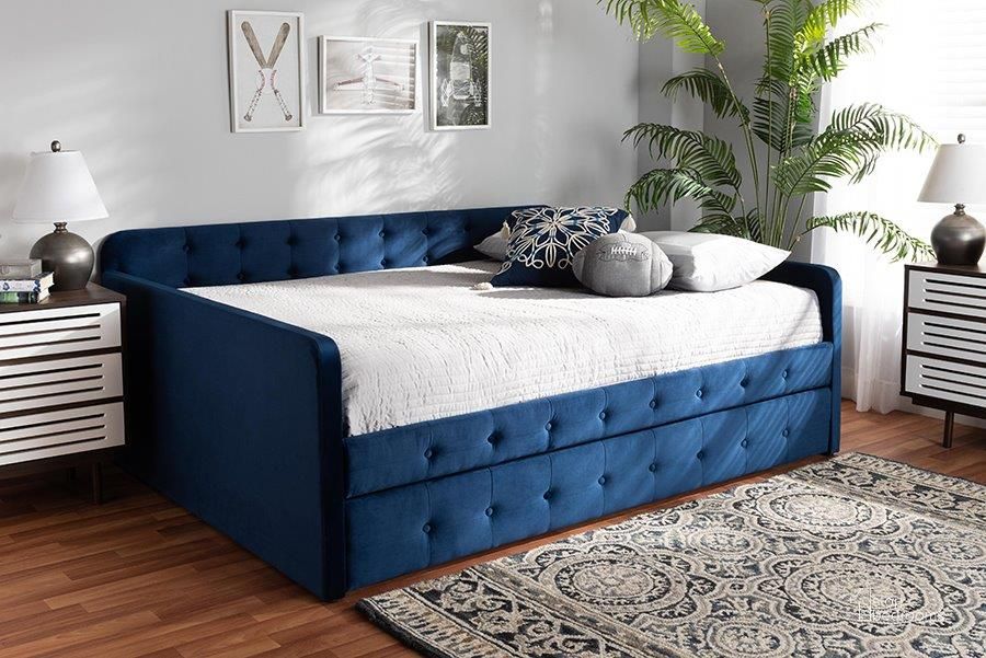 The appearance of Baxton Studio Jona Modern and Contemporary Transitional Navy Blue Velvet Fabric Upholstered and Button Tufted Full Size Daybed with Trundle designed by Baxton Studio in the transitional interior design. This navy blue piece of furniture  was selected by 1StopBedrooms from Jona Collection to add a touch of cosiness and style into your home. Sku: CF9183-Navy Blue-Daybed-F/T. Bed Type: Daybed. Product Type: DayBed. Bed Size: Full. Material: MDF. Image1