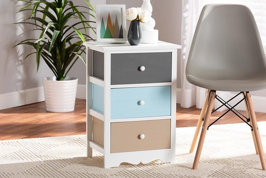 The appearance of Baxton Studio Kalila Modern and Contemporary White and Multi-Colored Finished Wood 3-Drawer Nightstand designed by Baxton Studio in the modern / contemporary interior design. This white and multicolor piece of furniture  was selected by 1StopBedrooms from Kalila Collection to add a touch of cosiness and style into your home. Sku: FZC180826-Multi Colored-NS. Material: Wood. Product Type: Nightstand. Image1