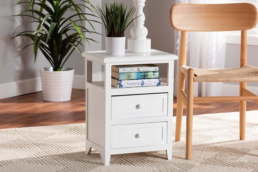 The appearance of Baxton Studio Karsen Modern and Contemporary White Finished Wood 2-Drawer Nightstand designed by Baxton Studio in the modern / contemporary interior design. This white piece of furniture  was selected by 1StopBedrooms from Karsen Collection to add a touch of cosiness and style into your home. Sku: FZCB190808-White Wooden-2DW-NS. Material: Wood. Product Type: Nightstand. Image1