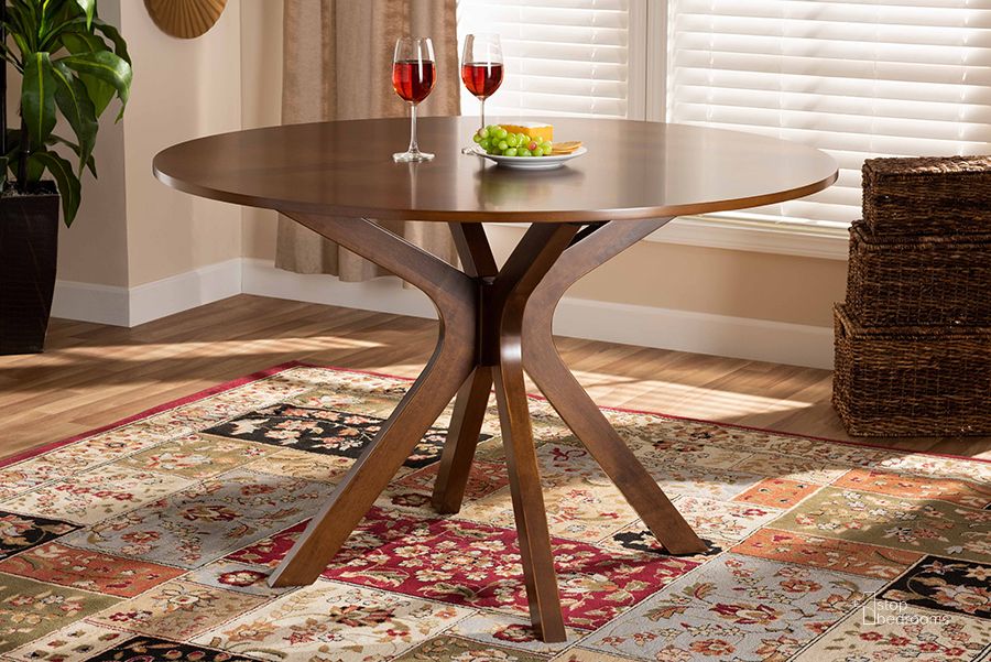 The appearance of Baxton Studio Kenji Modern and Contemporary Walnut Brown Finished 48-Inch-Wide Round Wood Dining Table designed by Baxton Studio in the modern / contemporary interior design. This walnut piece of furniture  was selected by 1StopBedrooms from Kenji Collection to add a touch of cosiness and style into your home. Sku: RH7208T-Walnut-48-IN-DT. Table Base Style: Pedestal. Table Top Shape: Round. Product Type: Dining Table. Material: MDF. Size: 48". Image1