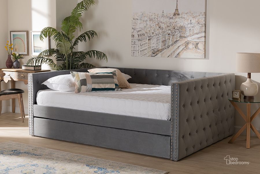 The appearance of Baxton Studio Larkin Modern And Contemporary Grey Velvet Fabric Upholstered Full Size Daybed With Trundle designed by Baxton Studio in the modern / contemporary interior design. This grey piece of furniture  was selected by 1StopBedrooms from Larkin Collection to add a touch of cosiness and style into your home. Sku: CF9227-Silver Grey Velvet-Daybed-F/T. Bed Type: Daybed. Product Type: DayBed. Bed Size: Full. Material: MDF. Image1