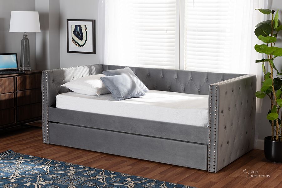 The appearance of Baxton Studio Larkin Modern And Contemporary Grey Velvet Fabric Upholstered Twin Size Daybed With Trundle designed by Baxton Studio in the modern / contemporary interior design. This grey piece of furniture  was selected by 1StopBedrooms from Larkin Collection to add a touch of cosiness and style into your home. Sku: CF9227-Silver Grey Velvet-Daybed-T/T. Bed Type: Daybed. Product Type: DayBed. Bed Size: Twin. Material: MDF. Image1
