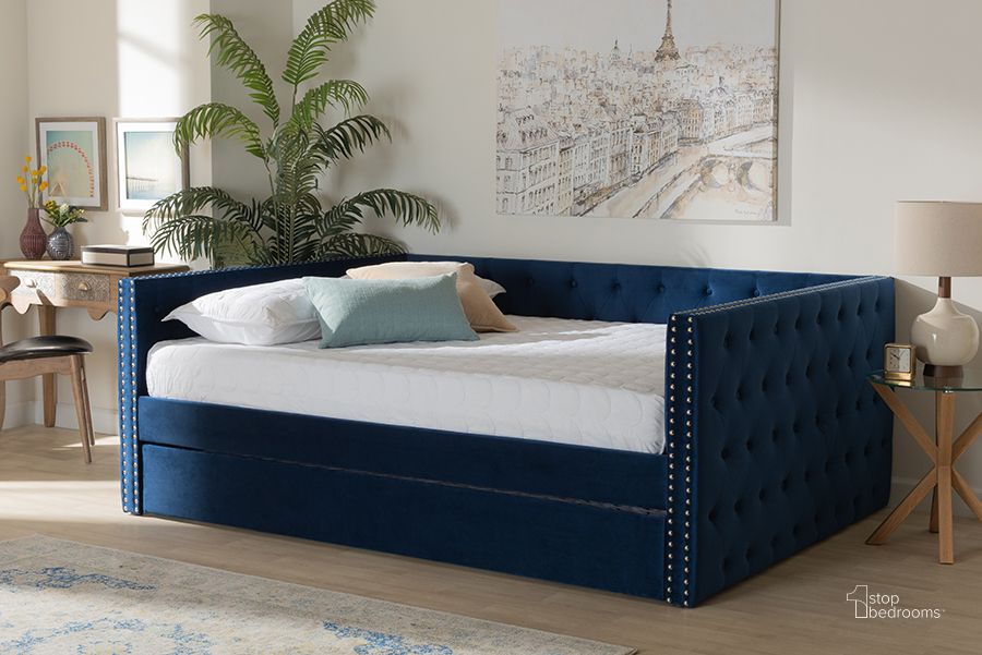 The appearance of Baxton Studio Larkin Modern And Contemporary Navy Blue Velvet Fabric Upholstered Full Size Daybed With Trundle designed by Baxton Studio in the modern / contemporary interior design. This navy blue piece of furniture  was selected by 1StopBedrooms from Larkin Collection to add a touch of cosiness and style into your home. Sku: CF9227-Navy Blue Velvet-Daybed-F/T. Bed Type: Daybed. Product Type: DayBed. Bed Size: Full. Material: MDF. Image1
