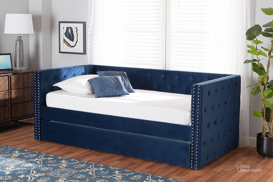 The appearance of Baxton Studio Larkin Modern And Contemporary Navy Blue Velvet Fabric Upholstered Twin Size Daybed With Trundle designed by Baxton Studio in the modern / contemporary interior design. This navy blue piece of furniture  was selected by 1StopBedrooms from Larkin Collection to add a touch of cosiness and style into your home. Sku: CF9227-Navy Blue Velvet-Daybed-T/T. Bed Type: Daybed. Product Type: DayBed. Bed Size: Twin. Material: MDF. Image1