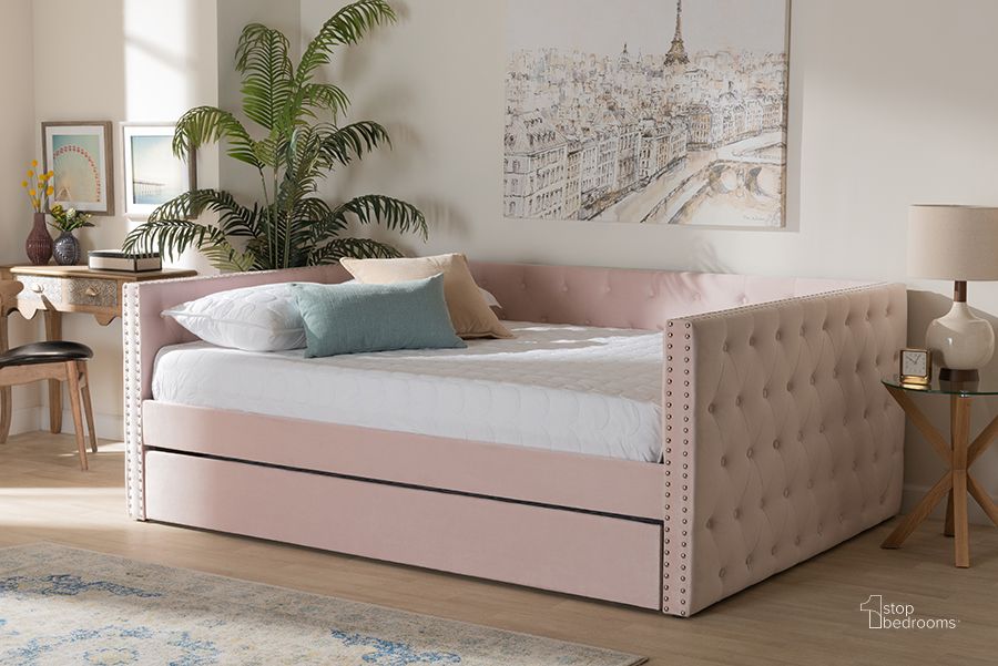 The appearance of Baxton Studio Larkin Modern And Contemporary Pink Velvet Fabric Upholstered Full Size Daybed With Trundle designed by Baxton Studio in the modern / contemporary interior design. This pink piece of furniture  was selected by 1StopBedrooms from Larkin Collection to add a touch of cosiness and style into your home. Sku: CF9227-Pink Velvet Velvet-Daybed-F/T. Bed Type: Daybed. Product Type: DayBed. Bed Size: Full. Material: MDF. Image1