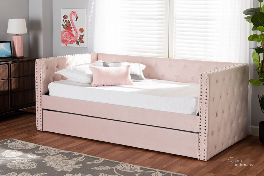 The appearance of Baxton Studio Larkin Modern And Contemporary Pink Velvet Fabric Upholstered Twin Size Daybed With Trundle designed by Baxton Studio in the modern / contemporary interior design. This pink piece of furniture  was selected by 1StopBedrooms from Larkin Collection to add a touch of cosiness and style into your home. Sku: CF9227-Pink Velvet Velvet-Daybed-T/T. Bed Type: Daybed. Product Type: DayBed. Bed Size: Twin. Material: MDF. Image1