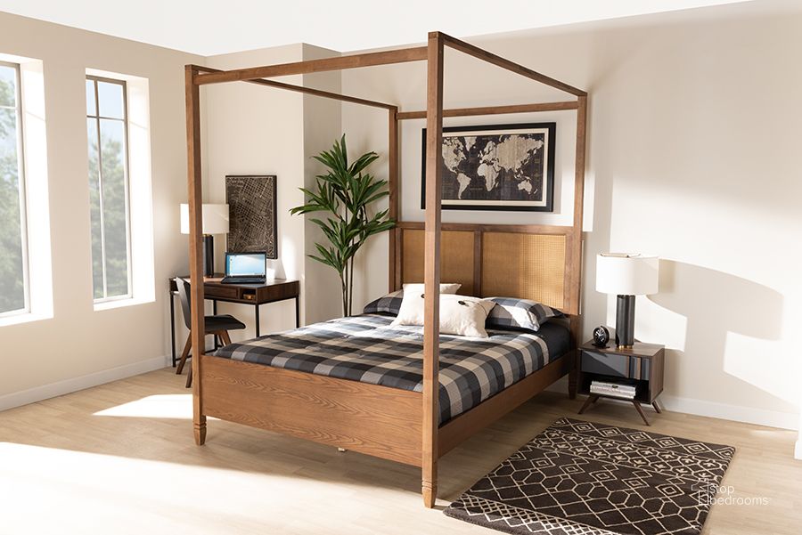 The appearance of Baxton Studio Malia Modern and Contemporary Walnut Brown Finished Wood and Synthetic Rattan Queen Size Canopy Bed designed by Baxton Studio in the modern / contemporary interior design. This walnut brown piece of furniture  was selected by 1StopBedrooms from Malia Collection to add a touch of cosiness and style into your home. Sku: MG-0021-3-Walnut-Queen. Bed Type: Canopy Bed. Product Type: Canopy Bed. Bed Size: Queen. Material: MDF. Image1