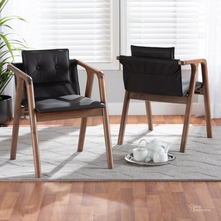 The appearance of Baxton Studio Marcena Mid-Century Modern Black Imitation Leather Upholstered and Walnut Brown Finished Wood 2-Piece Dining Chair Set designed by Baxton Studio in the transitional interior design. This walnut and black piece of furniture  was selected by 1StopBedrooms from Marcena Collection to add a touch of cosiness and style into your home. Sku: RDC828-Black/Walnut-DC. Material: Fabric. Product Type: Dining Chair. Image1