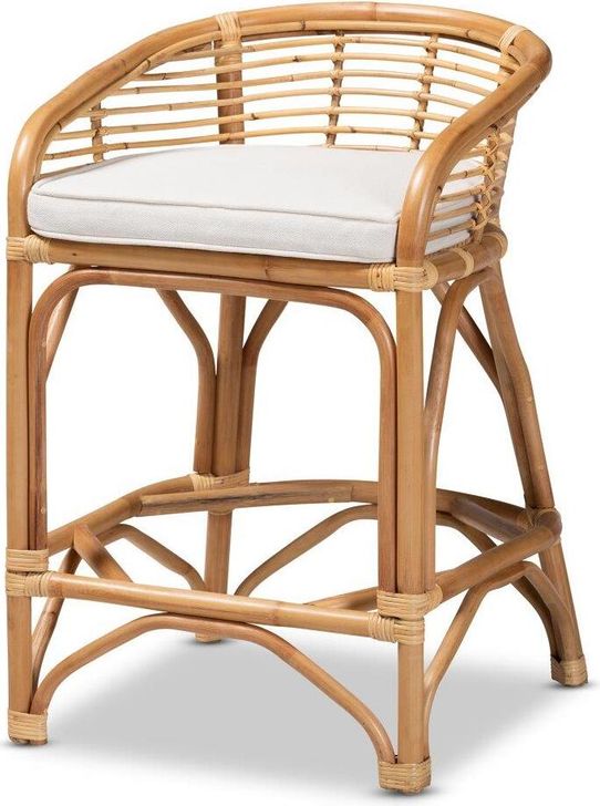 The appearance of Baxton Studio Maverick Modern Bohemian White Fabric Upholstered And Natural Brown Rattan Counter Stool designed by Baxton Studio in the coastal interior design. This natural brown piece of furniture  was selected by 1StopBedrooms from Maverick Collection to add a touch of cosiness and style into your home. Sku: Maverick-Rattan-CS. Material: Fabric. Product Type: Barstool. Image1