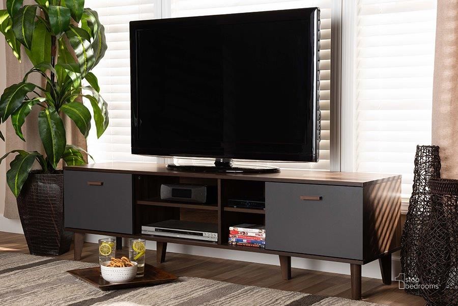 The appearance of Baxton Studio Moina Mid-Century Modern Two-Tone Walnut Brown and Grey Finished Wood TV Stand designed by Baxton Studio in the transitional interior design. This walnut and grey piece of furniture  was selected by 1StopBedrooms from Moina Collection to add a touch of cosiness and style into your home. Sku: SE TV90810WI-Columbia/Dark Grey-TV Stand. Material: Wood. Product Type: TV Stand. Image1