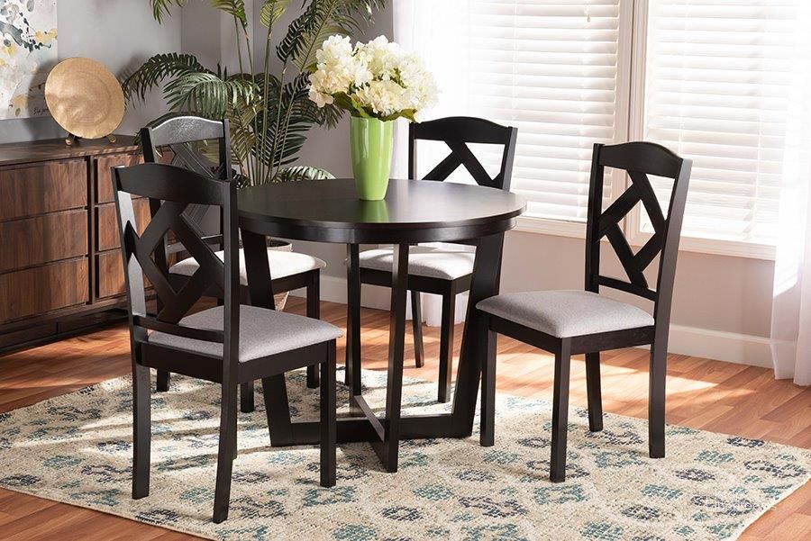 The appearance of Baxton Studio Morigan Modern Transitional Grey Fabric Upholstered and Dark Brown Finished Wood 5-Piece Dining Set designed by Baxton Studio in the transitional interior design. This dark brown piece of furniture  was selected by 1StopBedrooms from Morigan Collection to add a touch of cosiness and style into your home. Sku: Morigan-Grey/Dark Brown-5PC Dining Set. Product Type: Dining Room Set. Material: MDF. Image1