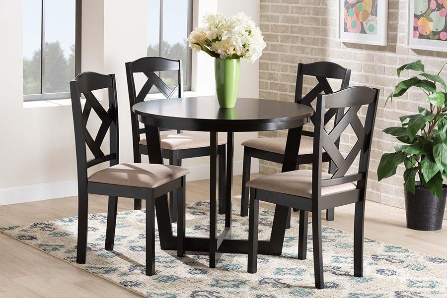 The appearance of Baxton Studio Morigan Sand Fabric Upholstered and Dark Brown Finished Wood 5-Piece Dining Set designed by Baxton Studio in the modern / contemporary interior design. This sand and dark brown piece of furniture  was selected by 1StopBedrooms from Morigan Collection to add a touch of cosiness and style into your home. Sku: Morigan-Sand/Dark Brown-5PC Dining Set. Product Type: Dining Room Set. Material: Rubberwood. Image1