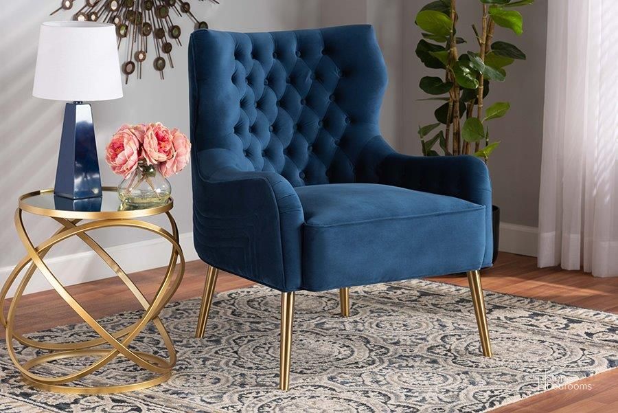 The appearance of Baxton Studio Nelson Modern Luxe and Glam Navy Blue Velvet Fabric Upholstered and Gold Finished Metal Armchair designed by Baxton Studio in the glam interior design. This blue and gold piece of furniture  was selected by 1StopBedrooms from Nelson Collection to add a touch of cosiness and style into your home. Sku: TSF-6741-Navy Blue Velvet/Gold-CC. Material: Polyester. Product Type: Arm Chair. Image1