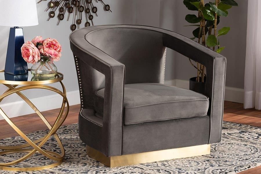 The appearance of Baxton Studio Neville Modern Luxe and Glam Grey Velvet Fabric Upholstered and Gold Finished Metal Armchair designed by Baxton Studio in the glam interior design. This grey and gold piece of furniture  was selected by 1StopBedrooms from Neville Collection to add a touch of cosiness and style into your home. Sku: TSF-6743-Grey Velvet/Gold-CC. Material: Polyester. Product Type: Arm Chair. Image1