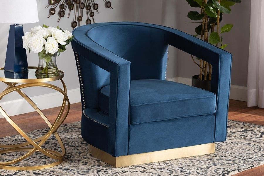 The appearance of Baxton Studio Neville Modern Luxe and Glam Navy Blue Velvet Fabric Upholstered and Gold Finished Metal Armchair designed by Baxton Studio in the glam interior design. This blue and gold piece of furniture  was selected by 1StopBedrooms from Neville Collection to add a touch of cosiness and style into your home. Sku: TSF-6743-Navy Velvet/Gold-CC. Material: Polyester. Product Type: Arm Chair. Image1