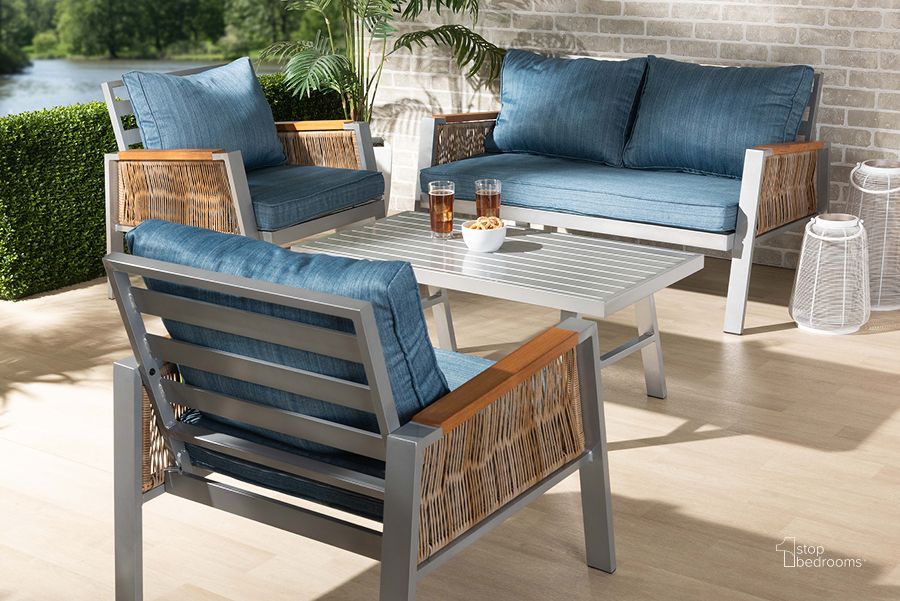 The appearance of Nicholson Modern and Contemporary 4-Piece Outdoor Patio Lounge Set designed by Baxton Studio in the modern / contemporary interior design. This grey piece of furniture  was selected by 1StopBedrooms from Nicholson Collection to add a touch of cosiness and style into your home. Sku: MLM-210477-Blue. Material: Rattan. Product Type: Outdoor Conversation Set. Image1