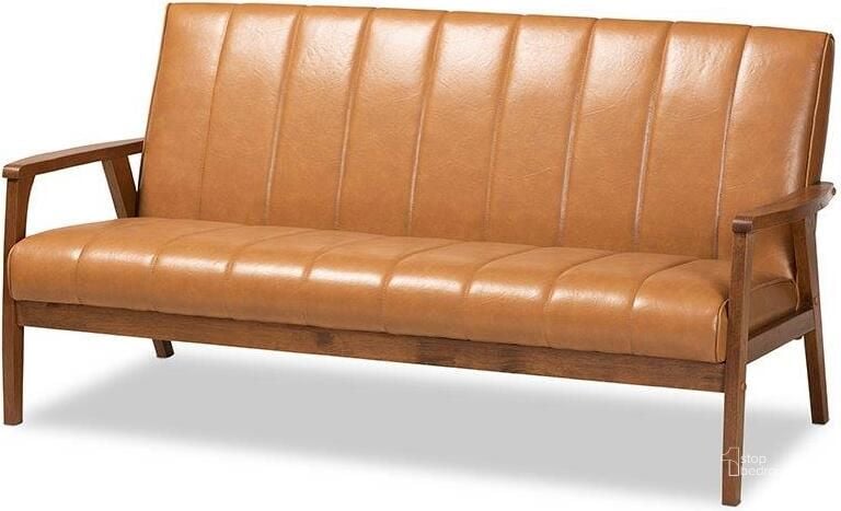 The appearance of Baxton Studio Nikko Mid-century Modern Tan Faux Leather Upholstered and Walnut Brown finished Wood Sofa designed by Baxton Studio in the transitional interior design. This tan piece of furniture  was selected by 1StopBedrooms from Nikko Collection to add a touch of cosiness and style into your home. Sku: BBT8011A2-Tan Sofa. Product Type: Sofa. Material: MDF. Image1
