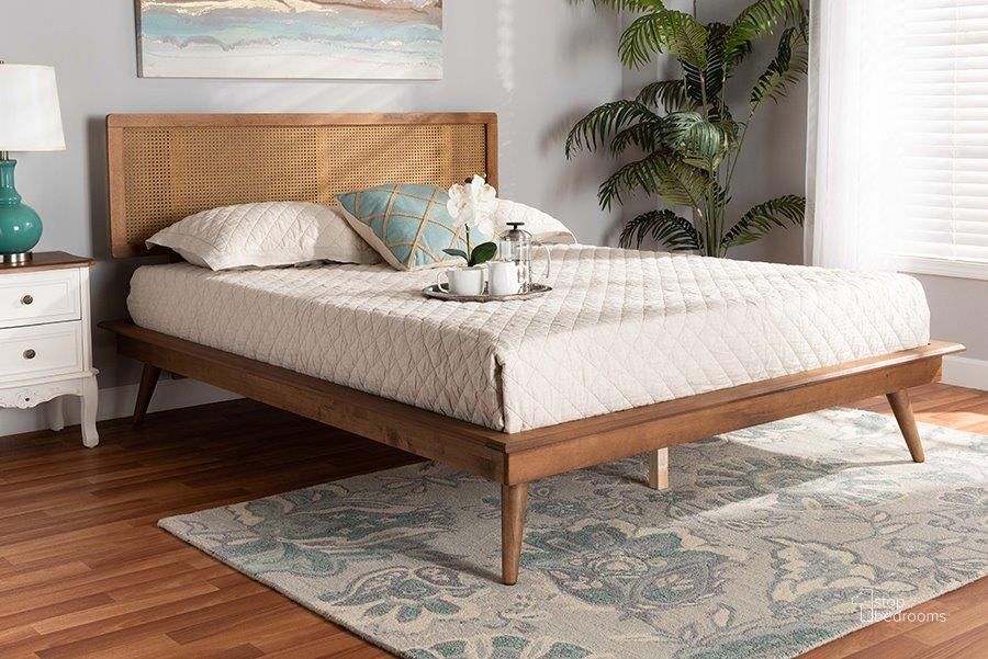 The appearance of Baxton Studio Nura Mid-Century Modern Walnut Brown Finished Wood and Synthetic Rattan King Size Platform Bed designed by Baxton Studio in the transitional interior design. This walnut brown piece of furniture  was selected by 1StopBedrooms from Nura Collection to add a touch of cosiness and style into your home. Sku: Nura-Ash Walnut Rattan-King. Bed Type: Platform Bed. Product Type: Platform Bed. Bed Size: King. Material: Rubberwood. Image1