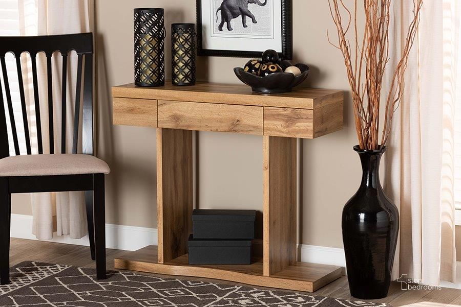 The appearance of Baxton Studio Otis Modern and Contemporary Oak Brown Finished Wood 3-Drawer Console Table designed by Baxton Studio in the modern / contemporary interior design. This oak brown piece of furniture  was selected by 1StopBedrooms from Otis Collection to add a touch of cosiness and style into your home. Sku: FP-04-Wotan Oak-Console. Product Type: Console Table. Material: MDF. Image1