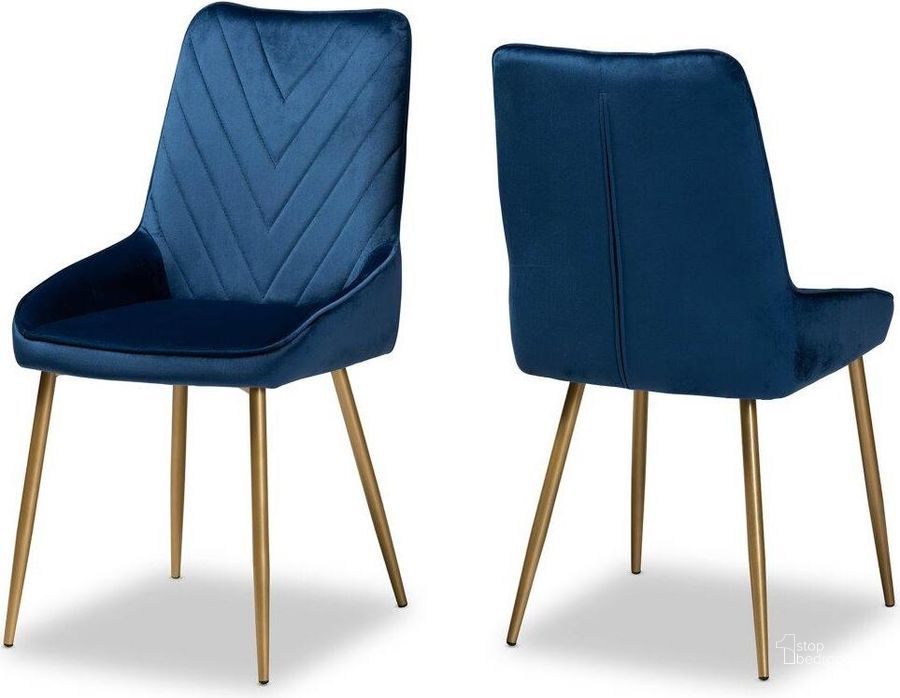 The appearance of Baxton Studio Priscilla Contemporary Glam and Luxe Navy Blue Velvet Fabric Upholstered and Gold Finished Metal 2-Piece Dining Chair Set designed by Baxton Studio in the glam interior design. This blue and gold piece of furniture  was selected by 1StopBedrooms from Priscilla Collection to add a touch of cosiness and style into your home. Sku: DC177-Navy Blue Velvet/Gold-DC. Product Type: Dining Chair. Material: Plywood.