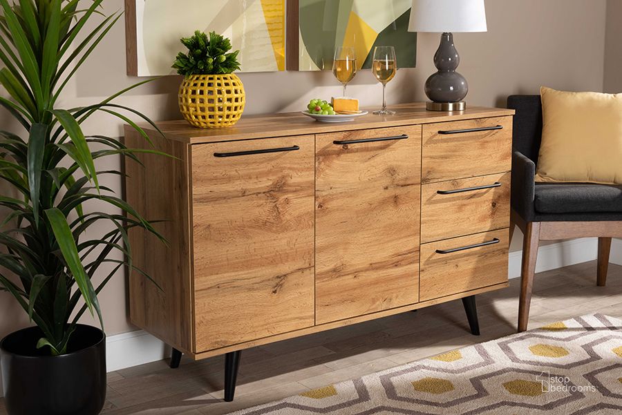 The appearance of Baxton Studio Radley Modern And Contemporary Transitional Oak Brown Finished Wood 3-Drawer Sideboard Buffet designed by Baxton Studio in the transitional interior design. This oak brown piece of furniture  was selected by 1StopBedrooms from Radley Collection to add a touch of cosiness and style into your home. Sku: SB001-Wotan Oak-Sideboard. Material: MDF. Product Type: Buffets, Sideboards and Server. Image1