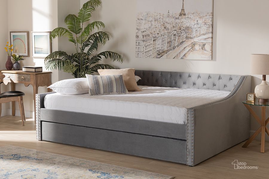 The appearance of Baxton Studio Raphael Modern And Contemporary Grey Velvet Fabric Upholstered Full Size Daybed With Trundle designed by Baxton Studio in the modern / contemporary interior design. This grey piece of furniture  was selected by 1StopBedrooms from Raphael Collection to add a touch of cosiness and style into your home. Sku: CF9228 -Silver Grey Velvet-Daybed-F/T. Bed Type: Daybed. Product Type: DayBed. Bed Size: Full. Material: MDF. Image1