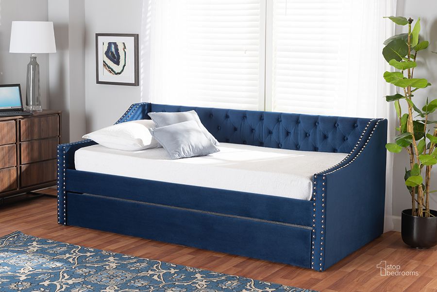 The appearance of Baxton Studio Raphael Modern And Contemporary Navy Blue Velvet Fabric Upholstered Twin Size Daybed With Trundle designed by Baxton Studio in the modern / contemporary interior design. This navy blue piece of furniture  was selected by 1StopBedrooms from Raphael Collection to add a touch of cosiness and style into your home. Sku: CF9228 -Navy Blue Velvet-Daybed-T/T. Bed Type: Daybed. Product Type: DayBed. Bed Size: Twin. Material: MDF. Image1