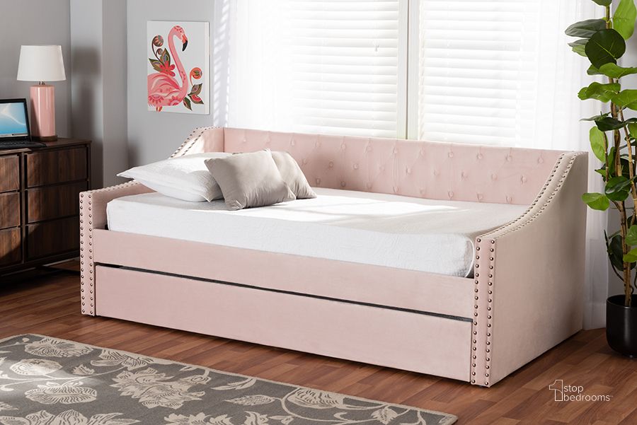 The appearance of Baxton Studio Raphael Modern And Contemporary Pink Velvet Fabric Upholstered Twin Size Daybed With Trundle designed by Baxton Studio in the modern / contemporary interior design. This pink piece of furniture  was selected by 1StopBedrooms from Raphael Collection to add a touch of cosiness and style into your home. Sku: CF9228 -Pink Velvet-Daybed-T/T. Bed Type: Daybed. Product Type: DayBed. Bed Size: Twin. Material: MDF. Image1