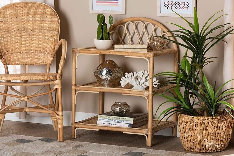 The appearance of Baxton Studio Redell Modern Bohemian Natural Brown Rattan 3-Tier Display Shelf designed by Baxton Studio in the coastal interior design. This natural brown piece of furniture  was selected by 1StopBedrooms from Redell Collection to add a touch of cosiness and style into your home. Sku: RBS017-Rattan-Shelf. Product Type: Display Shelf. Material: Plywood. Image1