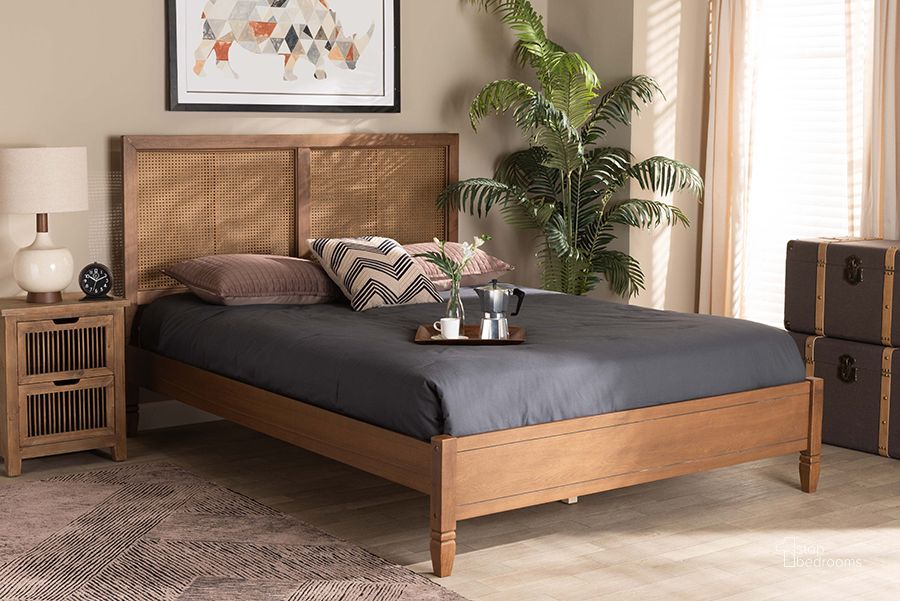 The appearance of Baxton Studio Redmond Mid-Century Modern Walnut Brown Finished Wood And Synthetic Rattan Full Size Platform Bed designed by Baxton Studio in the transitional interior design. This walnut brown piece of furniture  was selected by 1StopBedrooms from Redmond Collection to add a touch of cosiness and style into your home. Sku: MG-0021-4-Walnut-Full. Bed Type: Platform Bed. Product Type: Platform Bed. Bed Size: Full. Material: MDF. Image1