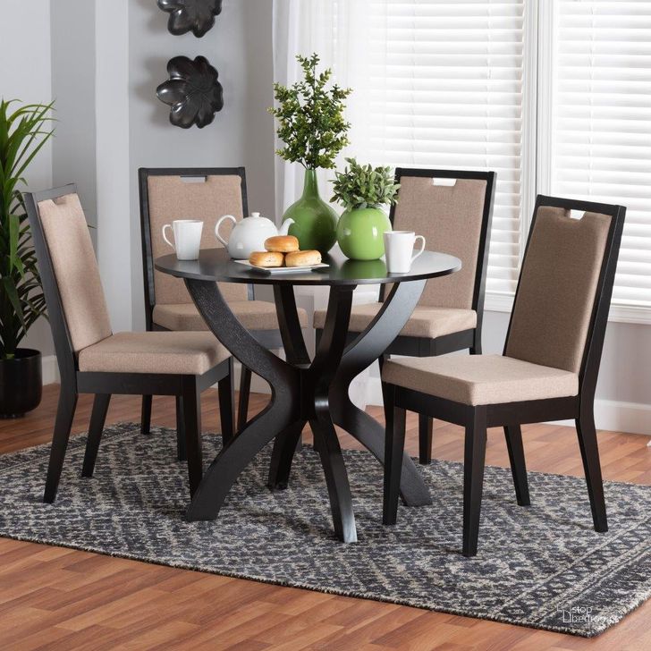 The appearance of Baxton Studio Rika Modern Sand Fabric And Dark Brown Finished Wood 5-Piece Dining Set designed by Baxton Studio in the modern / contemporary interior design. This beige and dark brown piece of furniture  was selected by 1StopBedrooms from Rika Collection to add a touch of cosiness and style into your home. Sku: Rika-Sand/Dark Brown-5PC Dining Set. Product Type: Dining Room Set. Material: Rubberwood. Image1