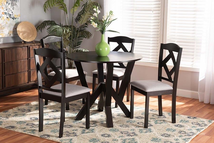 The appearance of Baxton Studio Riona Modern Transitional Grey Fabric Upholstered and Dark Brown Finished Wood 5-Piece Dining Set designed by Baxton Studio in the transitional interior design. This dark brown piece of furniture  was selected by 1StopBedrooms from Riona Collection to add a touch of cosiness and style into your home. Sku: Riona-Grey/Dark Brown-5PC Dining Set. Product Type: Dining Room Set. Material: MDF. Image1