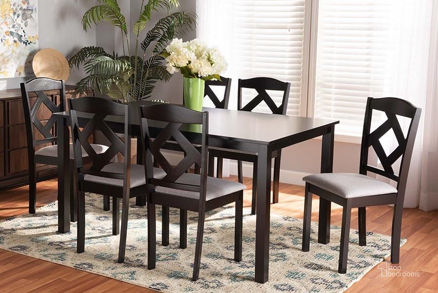 The appearance of Baxton Studio Ruth Modern Transitional Grey Fabric Upholstered and Dark Brown Finished Wood 7-Piece Dining Set designed by Baxton Studio in the transitional interior design. This dark brown piece of furniture  was selected by 1StopBedrooms from Ruth Collection to add a touch of cosiness and style into your home. Sku: Ruth-Grey/Dark Brown-7PC Dining Set. Product Type: Dining Room Set. Material: MDF. Image1