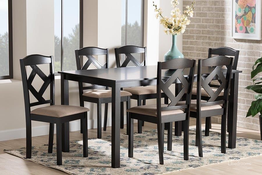 The appearance of Baxton Studio Ruth Sand Fabric Upholstered and Dark Brown Finished Wood 7-Piece Dining Set designed by Baxton Studio in the modern / contemporary interior design. This sand and dark brown piece of furniture  was selected by 1StopBedrooms from Ruth Collection to add a touch of cosiness and style into your home. Sku: Ruth-Sand/Dark Brown-7PC Dining Set. Product Type: Dining Room Set. Material: Rubberwood. Image1