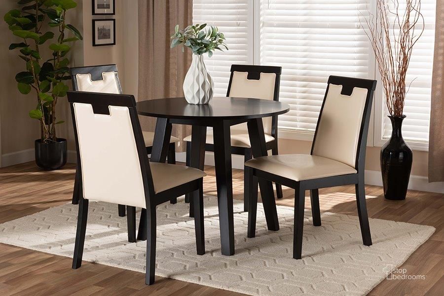 The appearance of Baxton Studio Ryan Modern and Contemporary Beige Faux Leather Upholstered and Dark Brown Finished Wood 5-Piece Dining Set designed by Baxton Studio in the modern / contemporary interior design. This beige and dark brown piece of furniture  was selected by 1StopBedrooms from Ryan Collection to add a touch of cosiness and style into your home. Sku: Ryan-Dark Brown/Beige-5PC Dining Set. Product Type: Dining Room Set. Material: Rubberwood. Image1