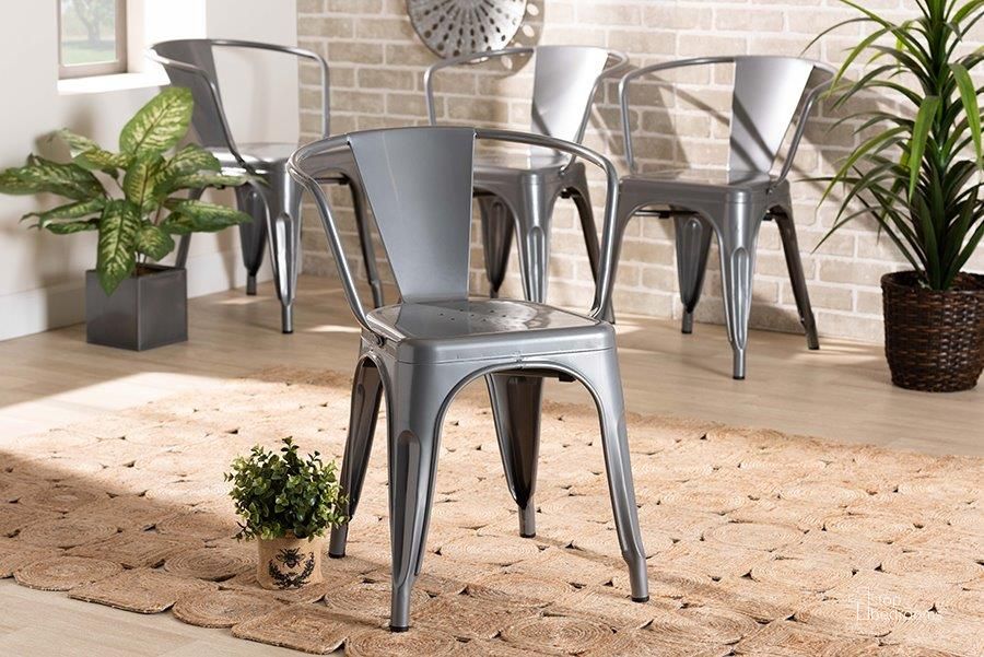The appearance of Baxton Studio Ryland Modern Industrial Grey Finished Metal 4-Piece Dining Chair Set designed by Baxton Studio in the industrial interior design. This grey piece of furniture  was selected by 1StopBedrooms from Ryland Collection to add a touch of cosiness and style into your home. Sku: AY-MC02-Dark Grey-DC. Material: Metal. Product Type: Dining Chair. Image1