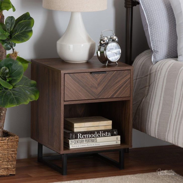 The appearance of Baxton Studio Sadia Modern Walnut Brown Finished Wood And Black Metal 1-Drawer End Table designed by Baxton Studio in the modern / contemporary interior design. This walnut brown piece of furniture  was selected by 1StopBedrooms from Sadia Collection to add a touch of cosiness and style into your home. Sku: LCF20211284-Walnut-ET. Material: Wood. Product Type: End Table. Image1