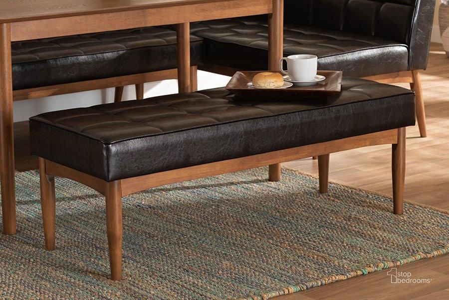 The appearance of Baxton Studio Sanford Mid-Century Modern Dark Brown Faux Leather Upholstered and Walnut Brown Finished Wood Dining Bench designed by Baxton Studio in the transitional interior design. This dark brown piece of furniture  was selected by 1StopBedrooms from Sanford Collection to add a touch of cosiness and style into your home. Sku: BBT8051.11-Dark Brown/Walnut-Bench. Material: MDF. Product Type: Dining Bench. Image1