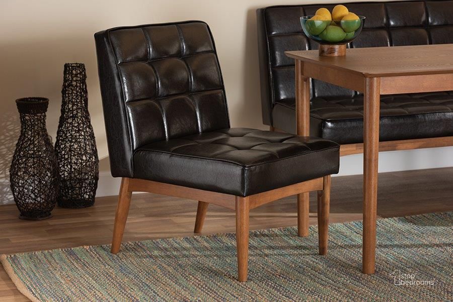 The appearance of Baxton Studio Sanford Mid-Century Modern Dark Brown Faux Leather Upholstered and Walnut Brown Finished Wood Dining Chair designed by Baxton Studio in the transitional interior design. This dark brown piece of furniture  was selected by 1StopBedrooms from Sanford Collection to add a touch of cosiness and style into your home. Sku: BBT8051.11-Dark Brown/Walnut-CC. Product Type: Dining Chair. Material: MDF. Image1
