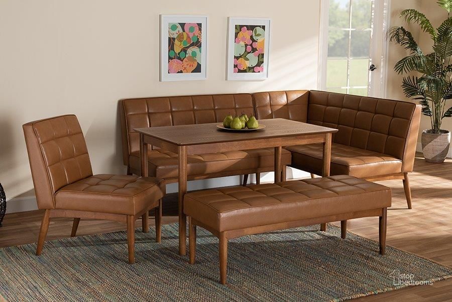 The appearance of Baxton Studio Sanford Mid-Century Modern Tan Faux Leather Upholstered and Walnut Brown Finished Wood 5-Piece Dining Nook Set designed by Baxton Studio in the transitional interior design. This walnut brown piece of furniture  was selected by 1StopBedrooms from Sanford Collection to add a touch of cosiness and style into your home. Sku: BBT8051.11-Tan/Walnut-5PC Dining Nook Set. Product Type: Dining Room Set. Material: MDF. Image1