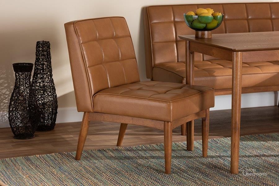 The appearance of Baxton Studio Sanford Mid-Century Modern Tan Faux Leather Upholstered and Walnut Brown Finished Wood Dining Chair designed by Baxton Studio in the transitional interior design. This walnut brown piece of furniture  was selected by 1StopBedrooms from Sanford Collection to add a touch of cosiness and style into your home. Sku: BBT8051.11-Tan/Walnut-CC. Product Type: Dining Chair. Material: MDF. Image1
