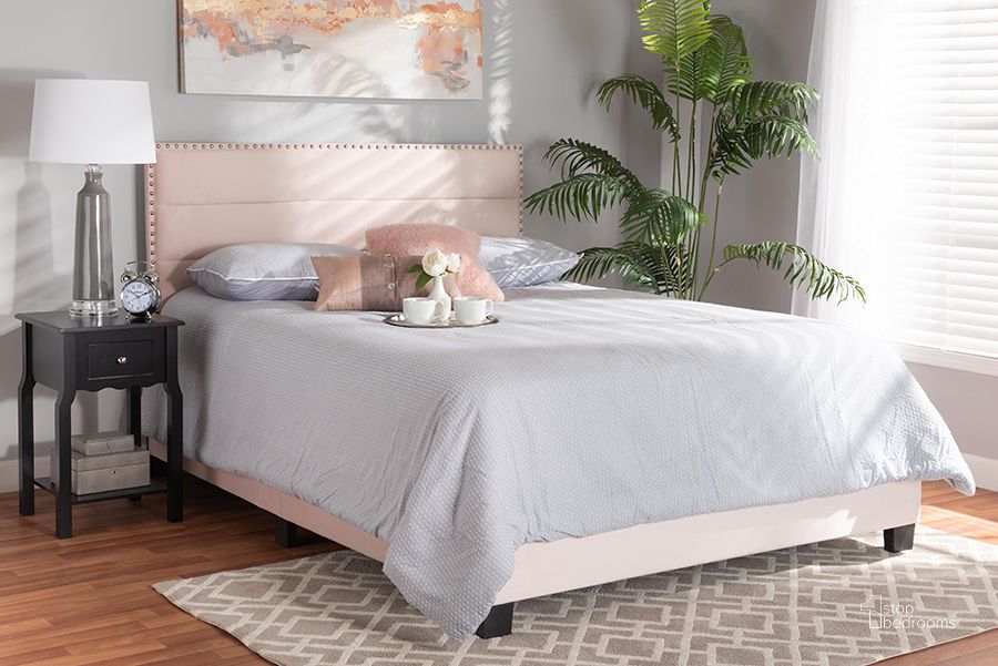 The appearance of Baxton Studio Tamira Modern And Contemporary Glam Light Pink Velvet Fabric Upholstered Queen Size Panel Bed designed by Baxton Studio in the modern / contemporary interior design. This light pink piece of furniture  was selected by 1StopBedrooms from Tamira Collection to add a touch of cosiness and style into your home. Sku: CF9210E-Light Pink Velvet-Queen. Bed Type: Panel Bed. Product Type: Panel Bed. Bed Size: Queen. Material: MDF. Image1