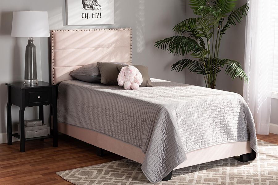 The appearance of Baxton Studio Tamira Modern And Contemporary Glam Light Pink Velvet Fabric Upholstered Twin Size Panel Bed designed by Baxton Studio in the modern / contemporary interior design. This light pink piece of furniture  was selected by 1StopBedrooms from Tamira Collection to add a touch of cosiness and style into your home. Sku: CF9210E-Light Pink Velvet-Twin. Bed Type: Panel Bed. Product Type: Panel Bed. Bed Size: Twin. Material: MDF. Image1